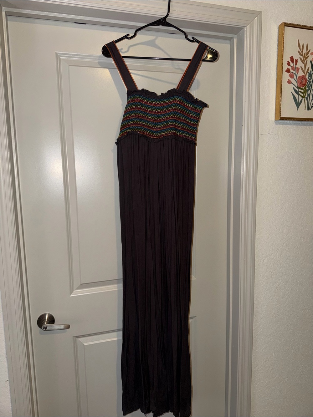 Natural Life Smocked Crochet-Top Jumpsuit in Dark Gray with Multicolor Trim